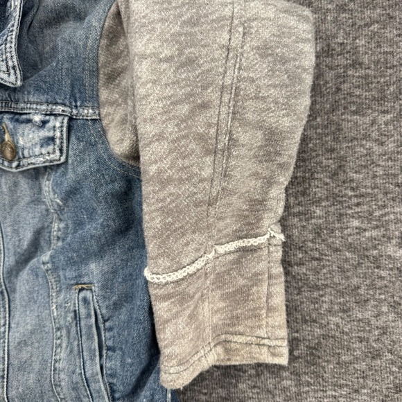 Free People Hooded Denim Jacket Blue Distressed Mixed Media Knit Sleeves Large - Picture 3 of 10